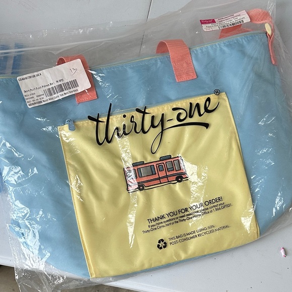 Thirty-One Sky Blue and Lemon Tote with Coral Handles - Picture 1 of 4
